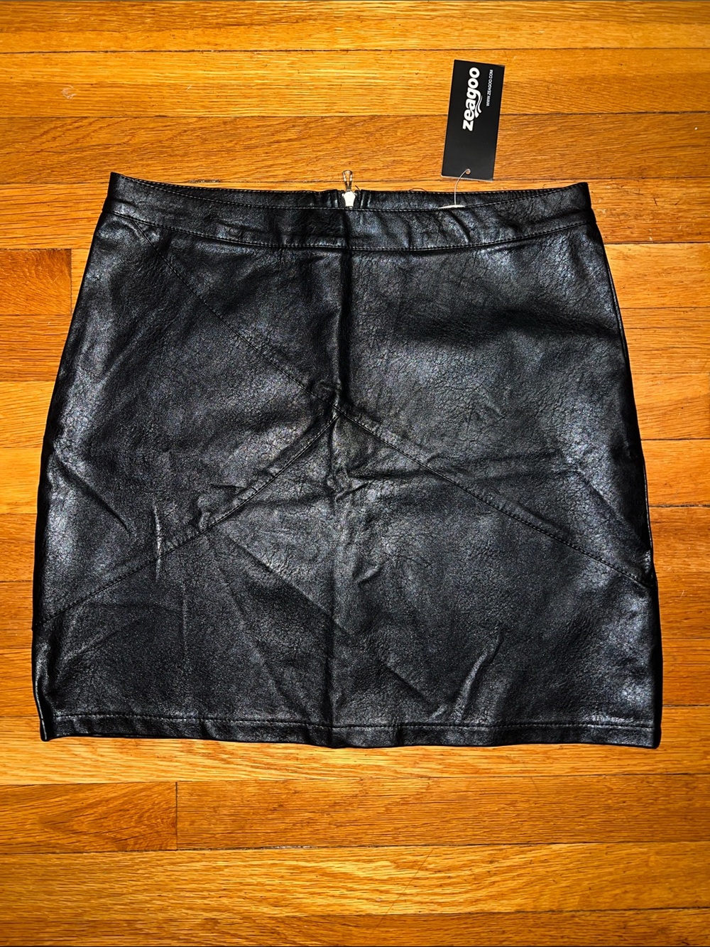 zeagoo Black Faux Leather Mini Skirt with Panel Stitching XL